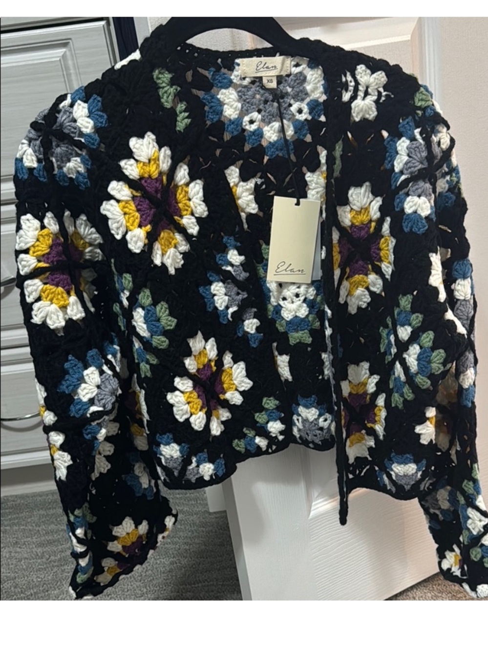 Elan Black Crochet Floral Knit Cardigan with Blue, White & Gray Flowers